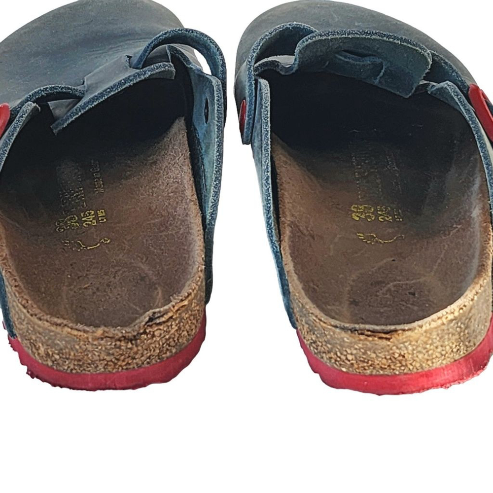 Birkenstock Gray Blue Clogs with Red soles & buckles - Picture 5 of 7